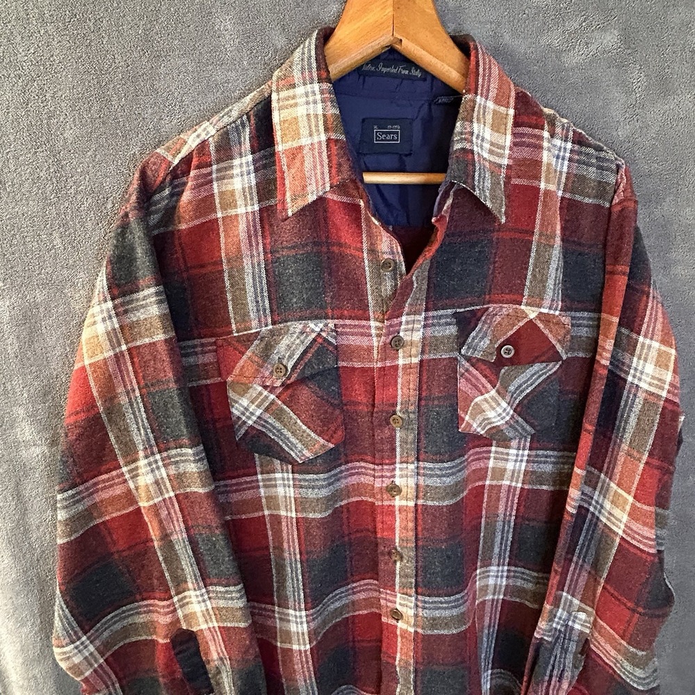 VTG Sears Mens XL Plaid‎ Flannel Linen Wool Blend Long Sleeve Button Up Shirt
